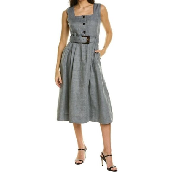 Lafayette 148 New York Womens XL Gray 100% Linen Sleeveless Belted Midi Dress - Picture 2 of 14